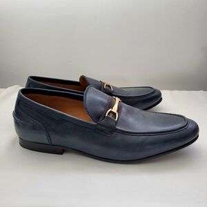 Saks Fifth Avenue Firenze Navy Blue Leather Loafer Dress Shoe Horse Bit Men 12